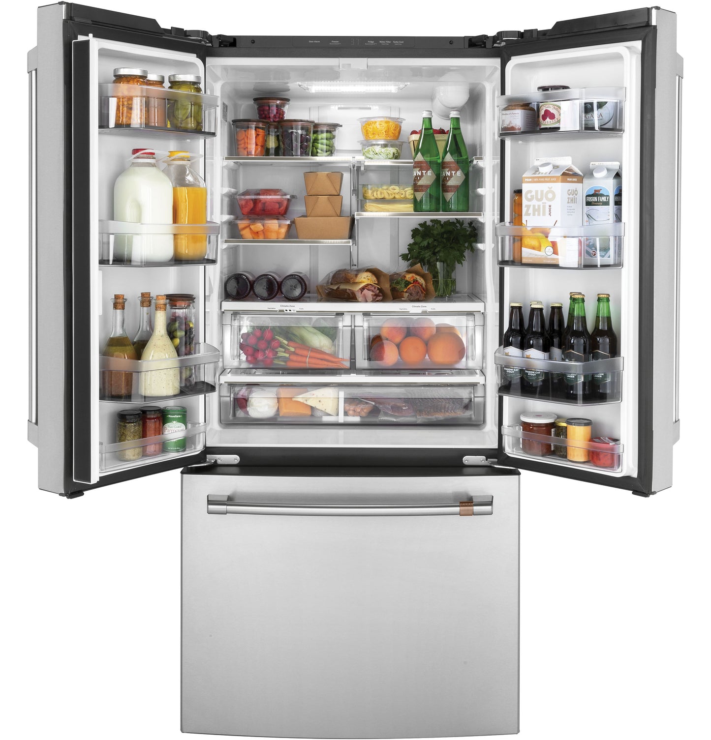 Open stainless steel counter-depth French-door refrigerator with organized fresh food and beverages inside and bottom freezer drawer
