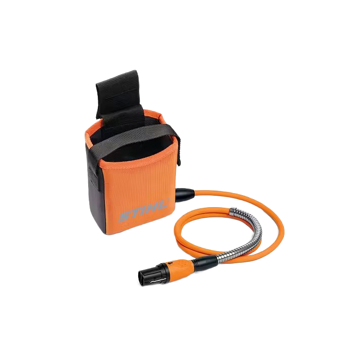 Orange and black battery bag with cord for STIHL battery-powered tool accessories and home improvement projects