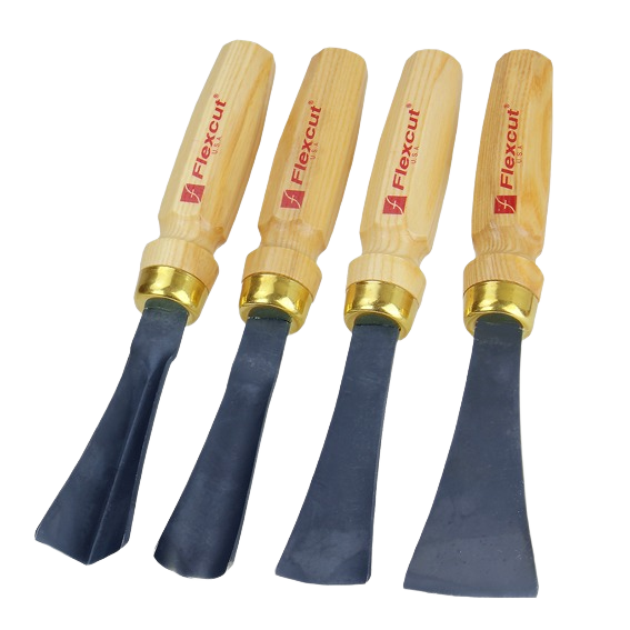 Set of four wood carving tools with large wooden handles and steel blades for heavy stock removal in woodworking tools collection