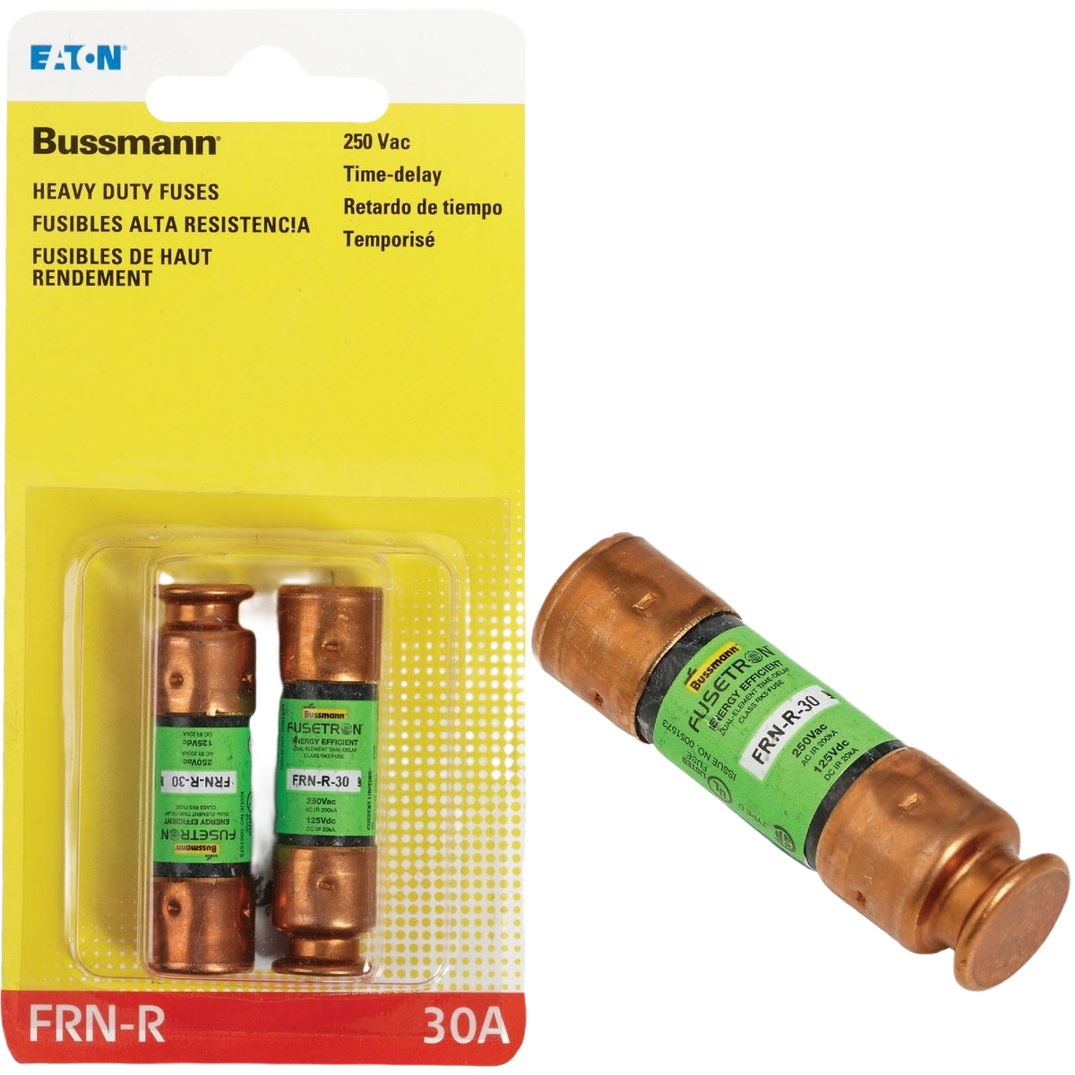 Two copper time-delay cartridge fuses with green labels and packaging for home improvement use