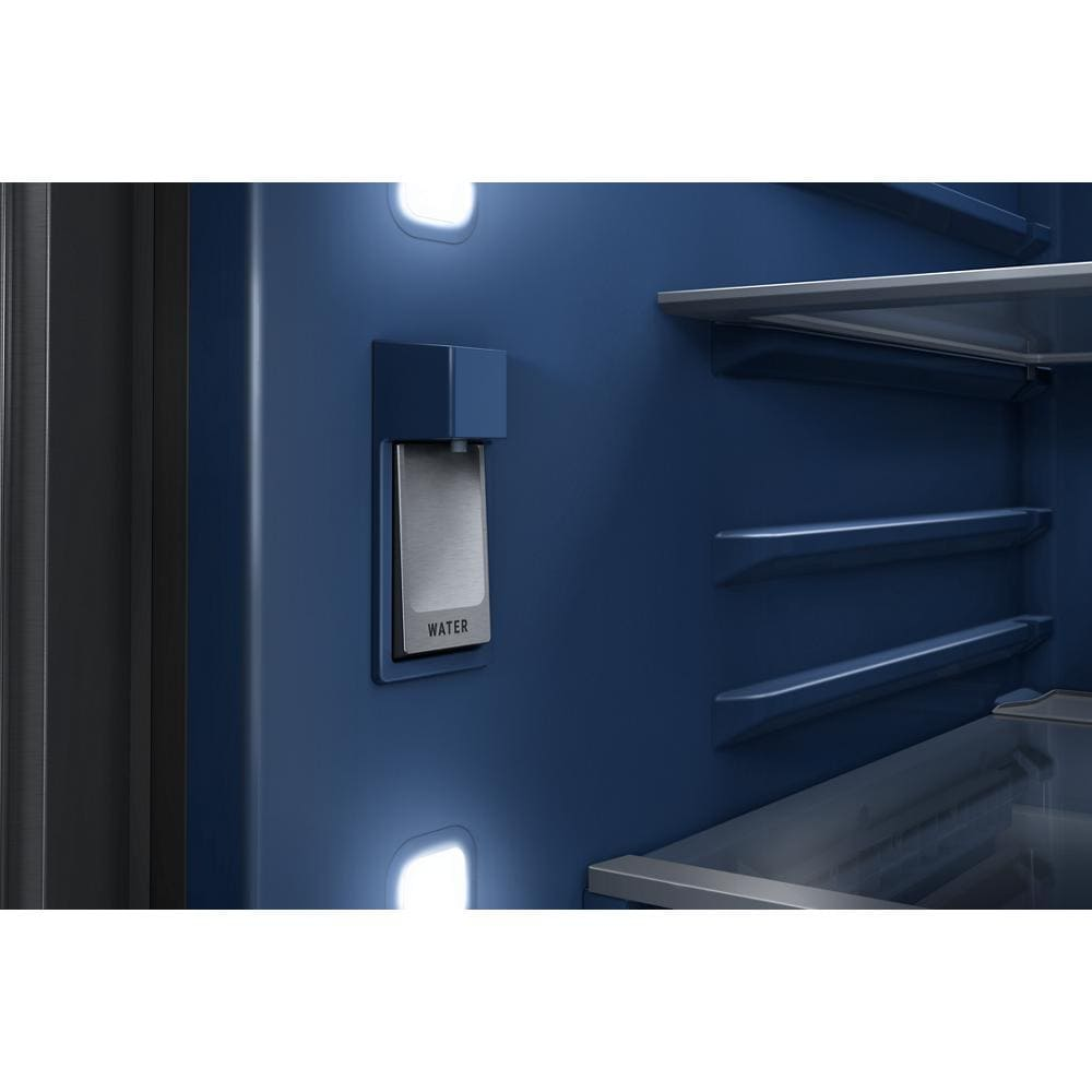 Close-up view of a refrigerator interior featuring a built-in water dispenser and blue interior walls illuminated by LED lighting, part of Refrigerators, French Door Refrigerators, Kitchen & Kitchenware, Appliances collections.