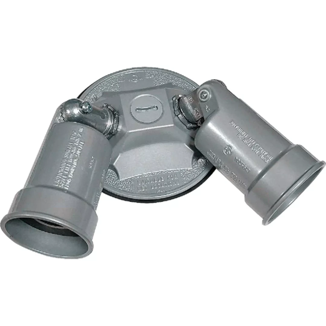 Gray round weatherproof 2-head lamp holder designed for outdoor use in tools and home improvement projects