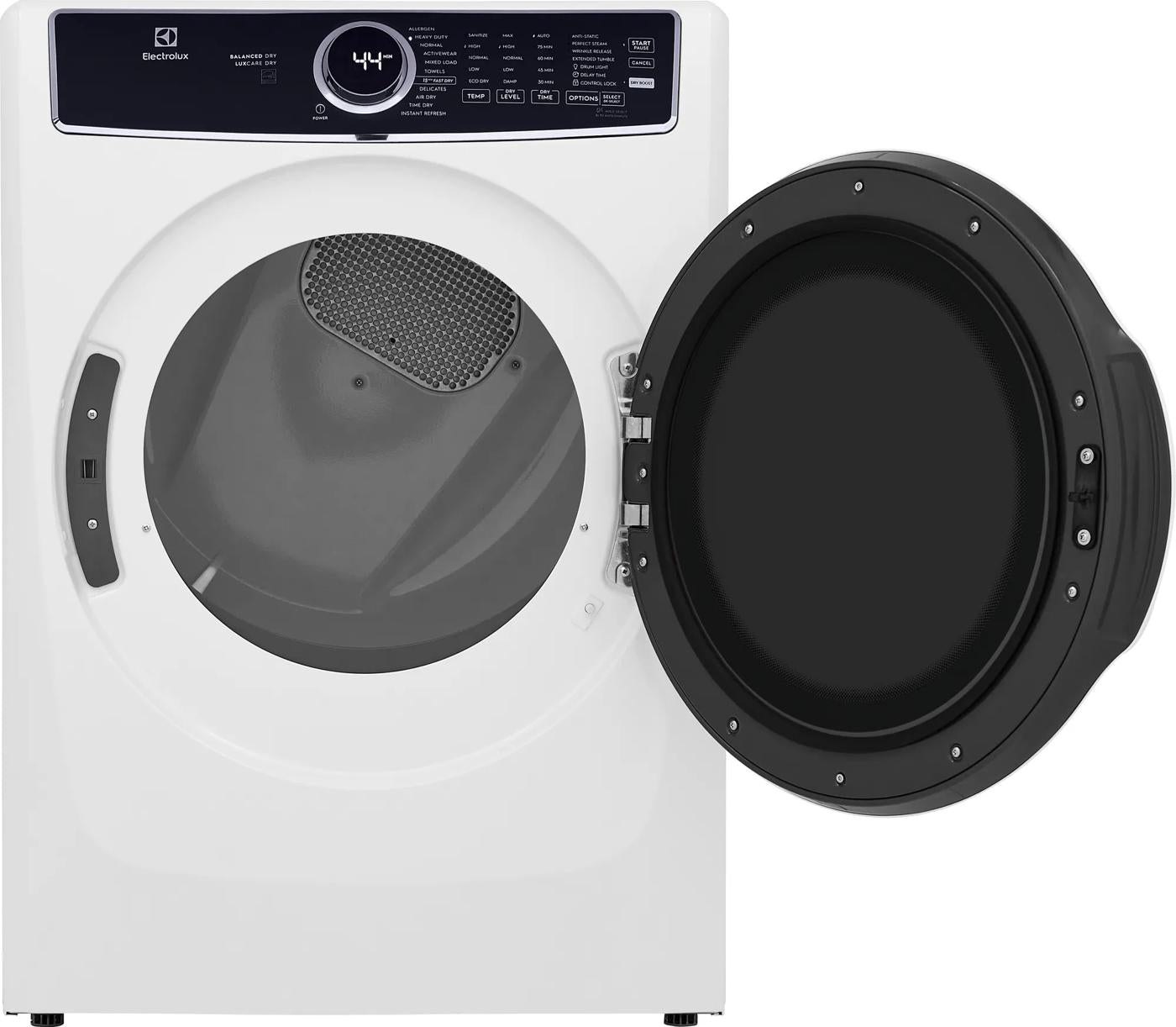 White front load electric dryer with open black door and digital control panel from modern dryers collection