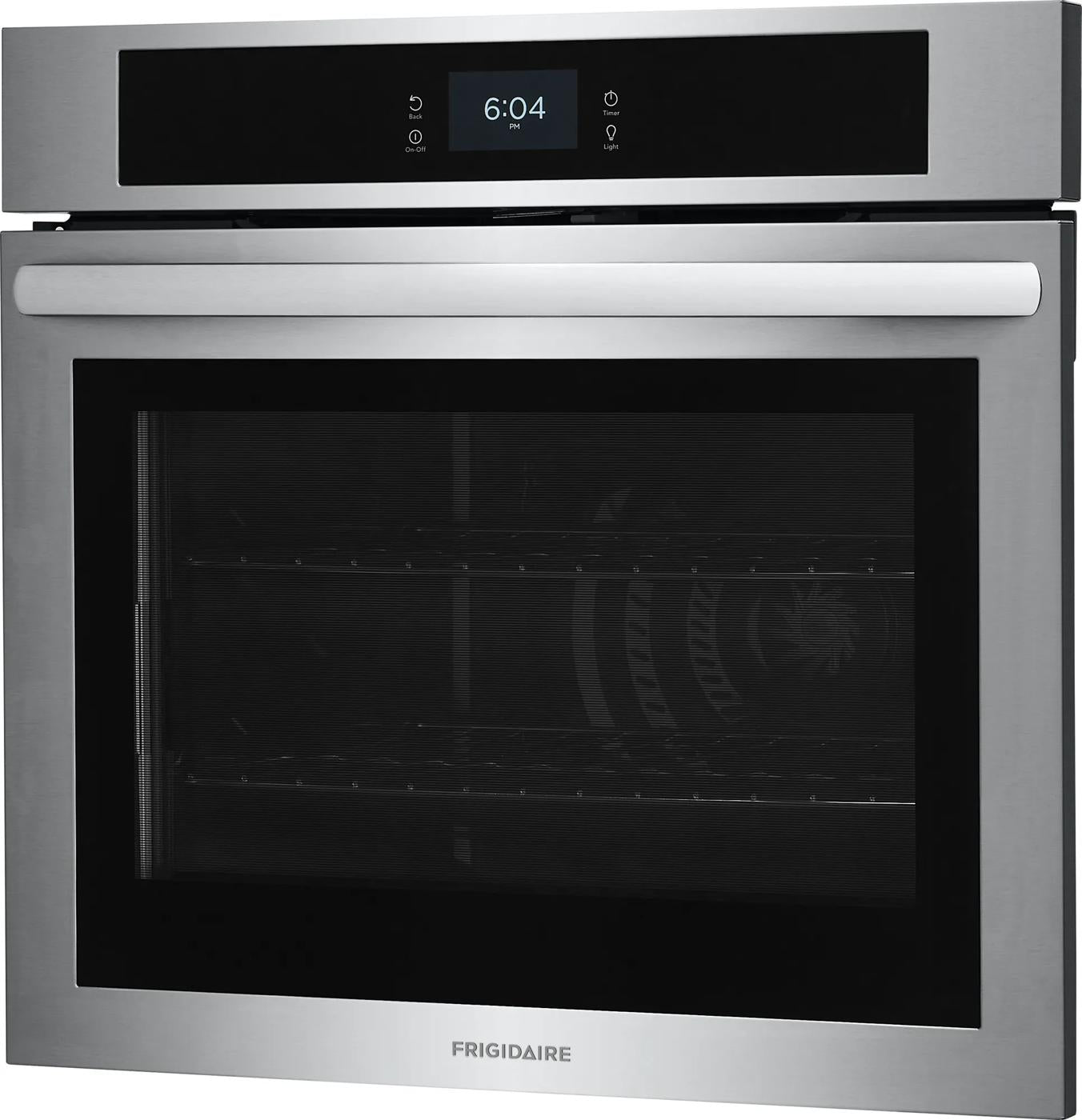 Stainless steel 30-inch electric wall oven with digital touch display and fan convection for kitchen appliances.