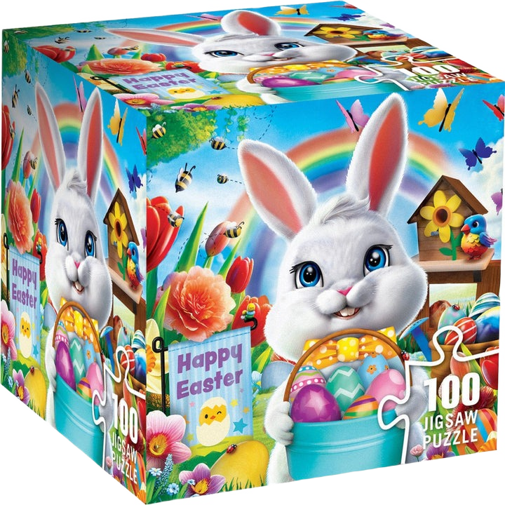 Colorful Easter-themed puzzle box featuring a white bunny with basket of eggs and spring garden scene from Puzzles collection