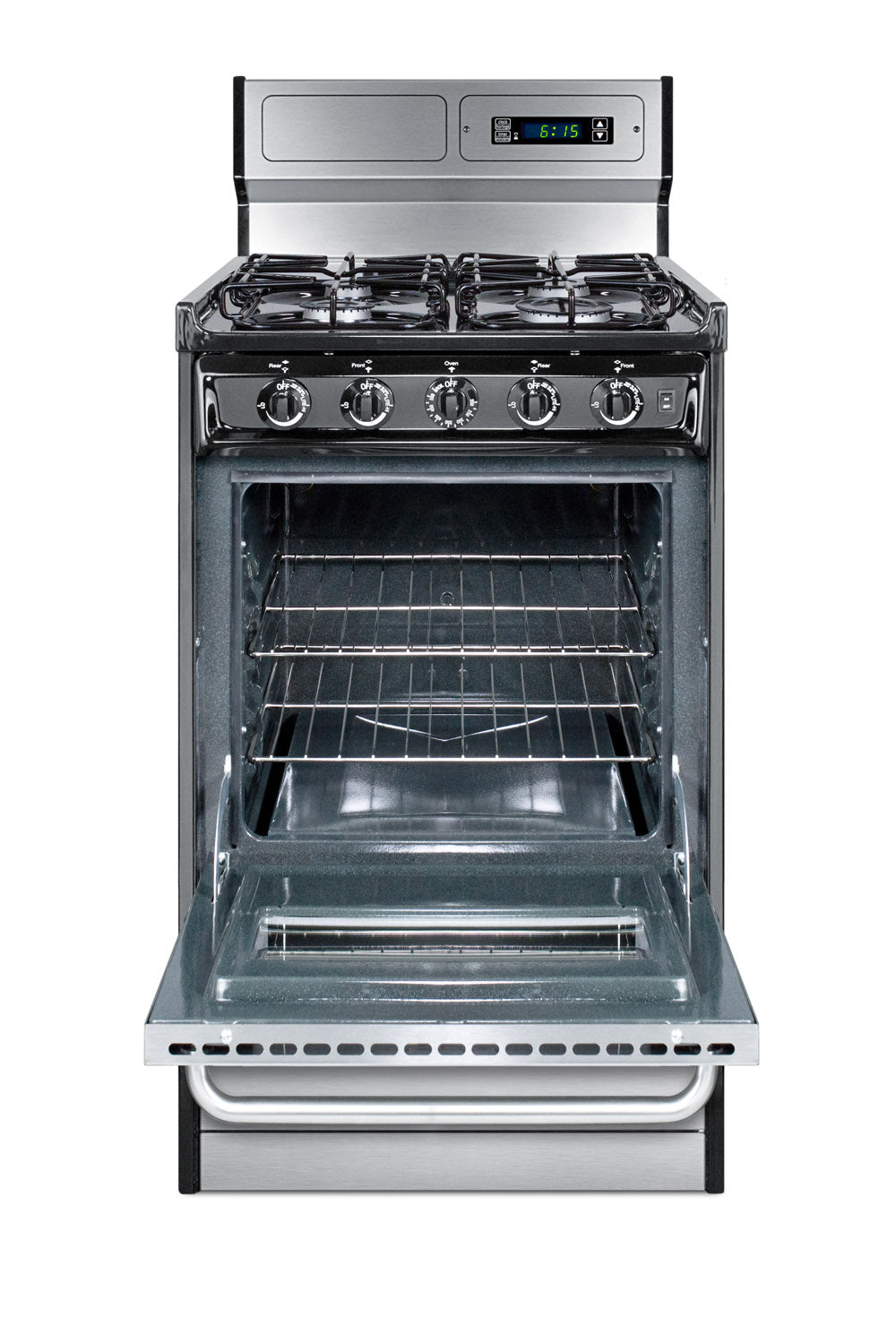 Stainless steel gas range with sealed burners, digital clock, and open oven door showing two wire racks in appliances collection