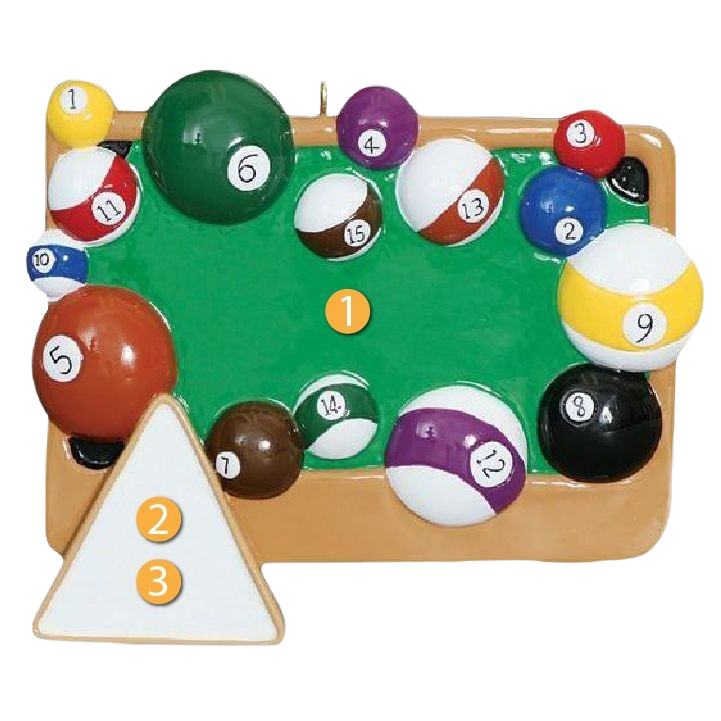 Colorful billiard balls arranged on a small pool table ornament with a white triangle rack from Christmas collection