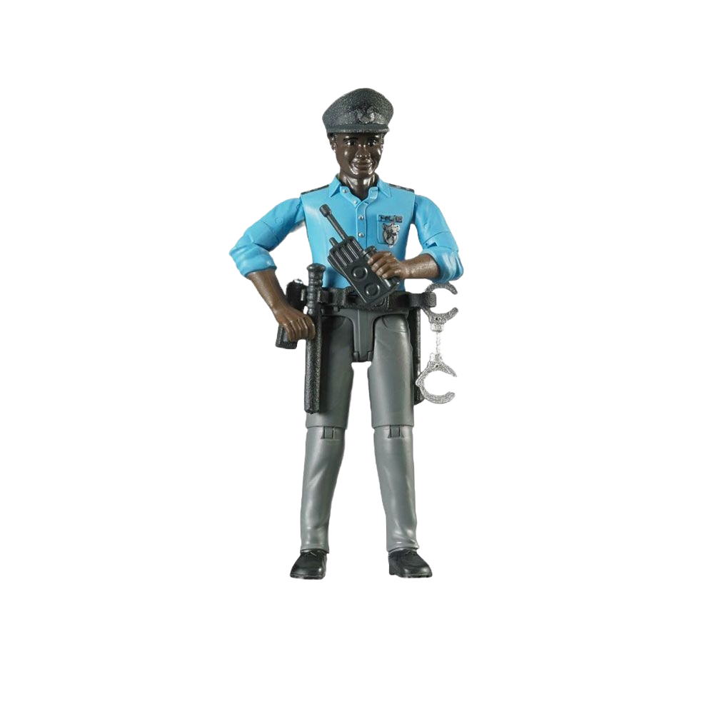 Dark-skinned toy policeman figure with blue uniform, cap, walkie-talkie, handcuffs, and holstered accessories