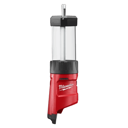 Red and black compact utility light with hook for hands-free illumination in work lights and Milwaukee collections