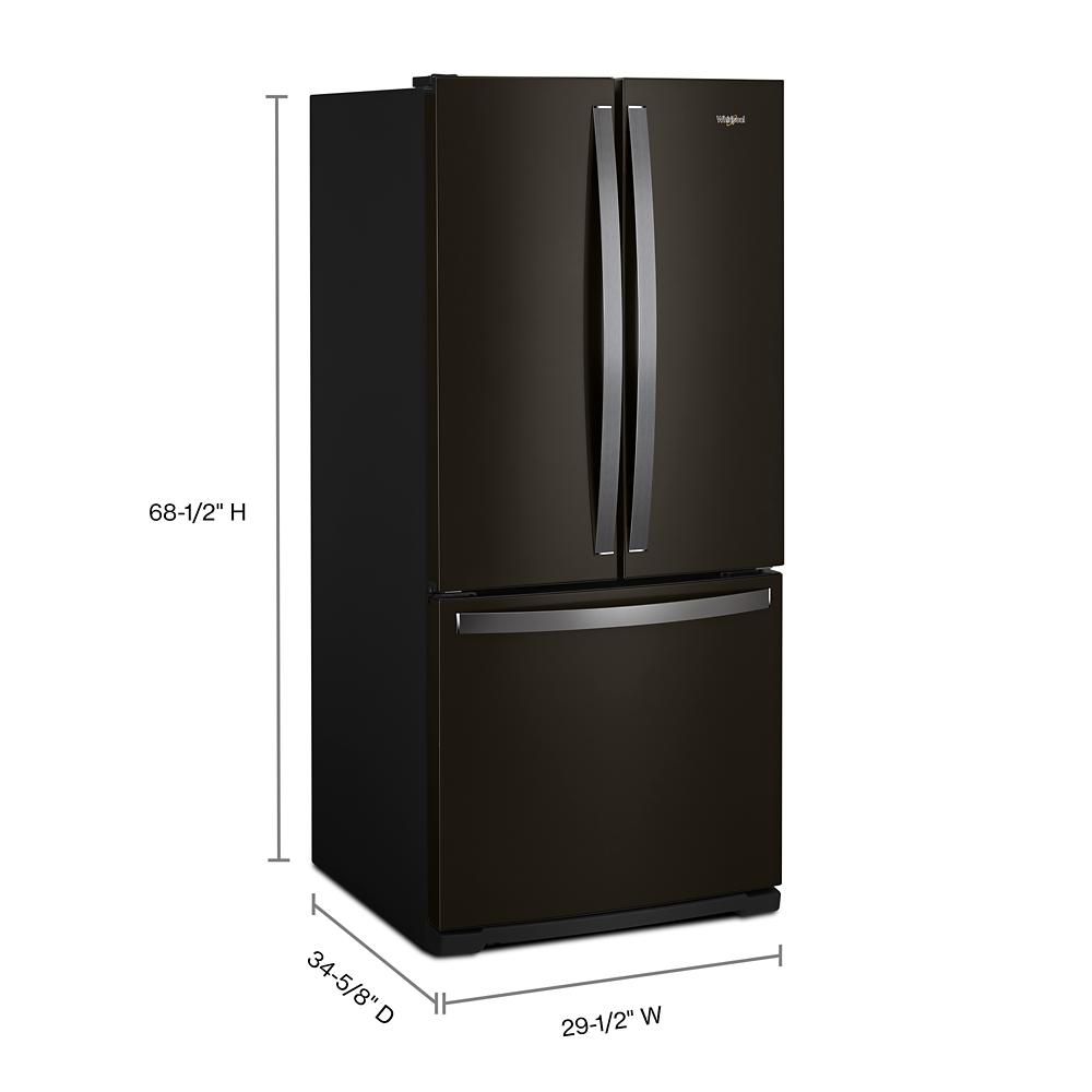 Black stainless steel French door refrigerator with bottom freezer and dimension labels in kitchen appliances collection