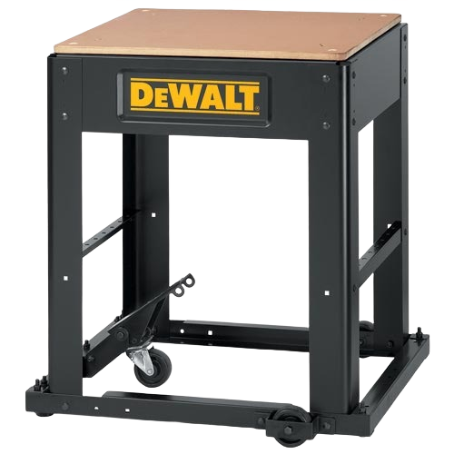 Black metal mobile stand with caster wheels and wooden top surface for supporting power tools in home improvement tasks