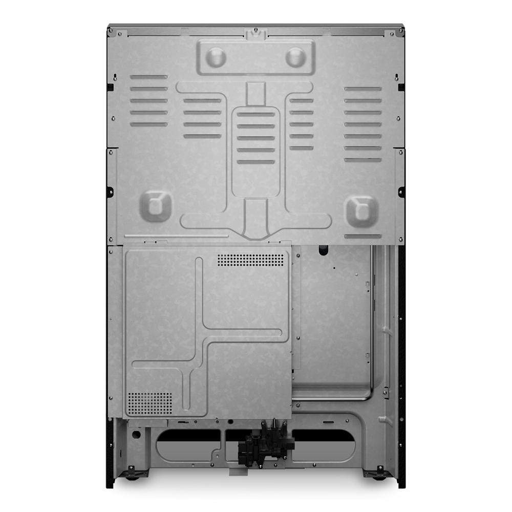 Rear view of a stainless steel smart freestanding gas range with visible ventilation and internal structural panels, part of Ranges and KitchenAid Appliances collections.