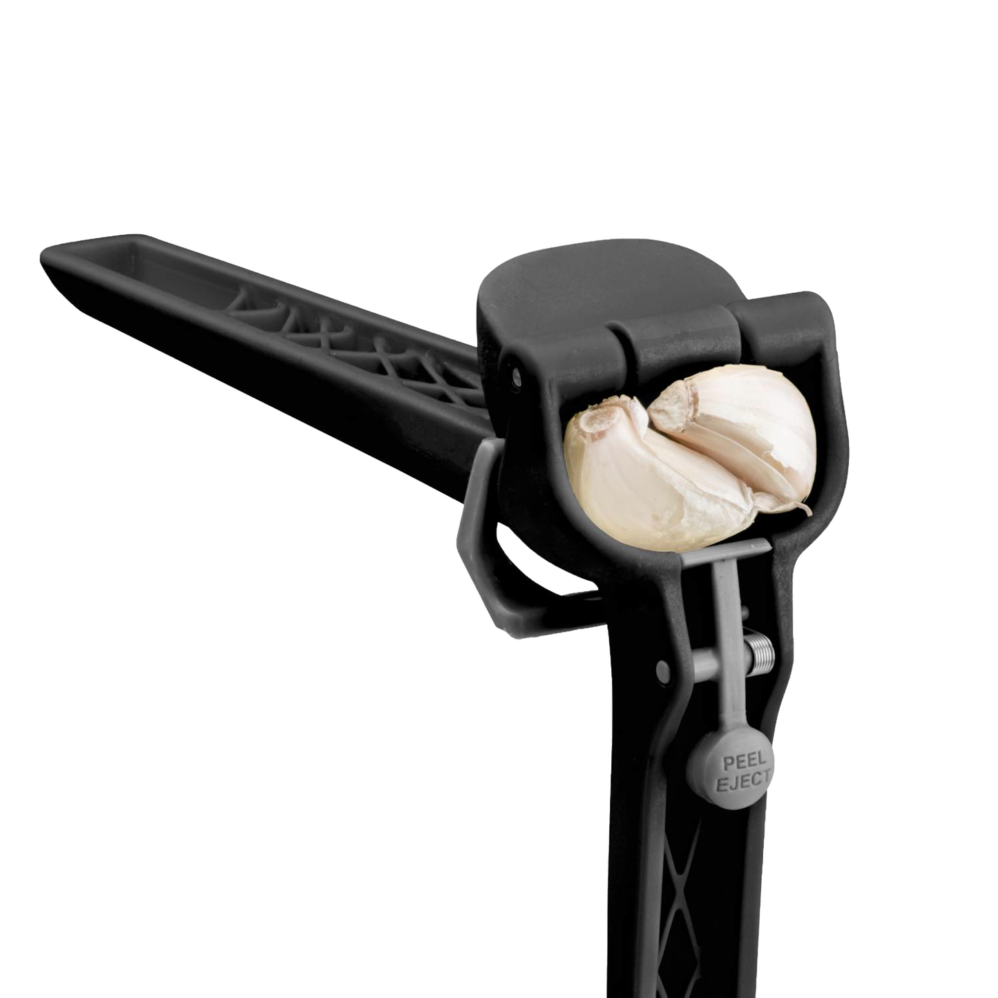 Black lightweight garlic press with ergonomic handle and garlic clove chamber, part of Kitchen Gadgets and Cooking Utensils collections