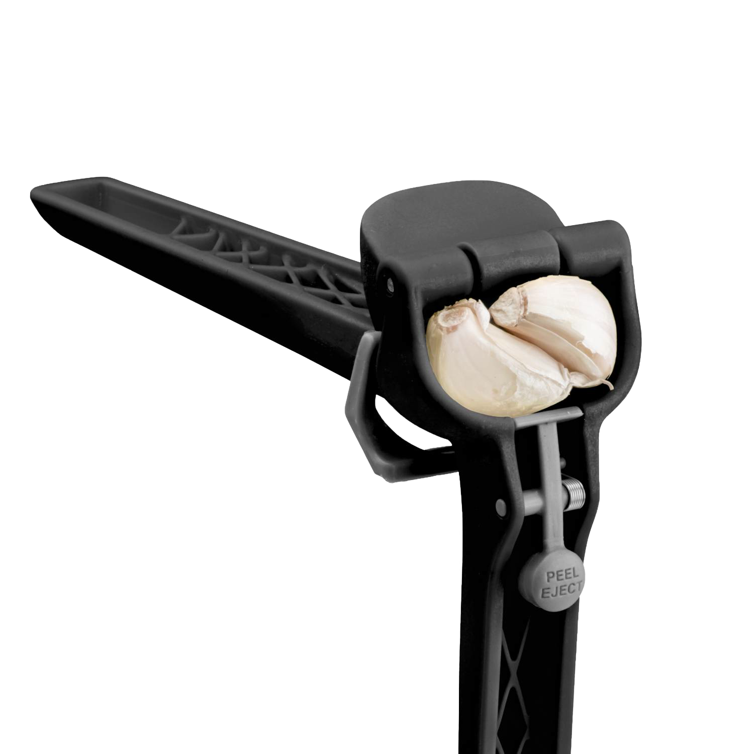 Black lightweight garlic press with ergonomic handle and garlic clove chamber, part of Kitchen Gadgets and Cooking Utensils collections