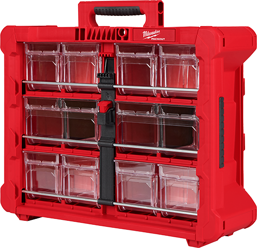 Red modular storage bin organizer with clear removable compartments for small parts in tool storage systems