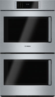 Modern stainless steel double wall oven featuring digital touch controls and steel buttons from Kitchen & Kitchenware collection