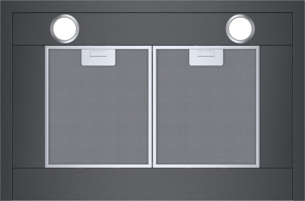 Black stainless steel wall hood with dual filters and halogen lights, part of Bosch kitchen appliances collection.