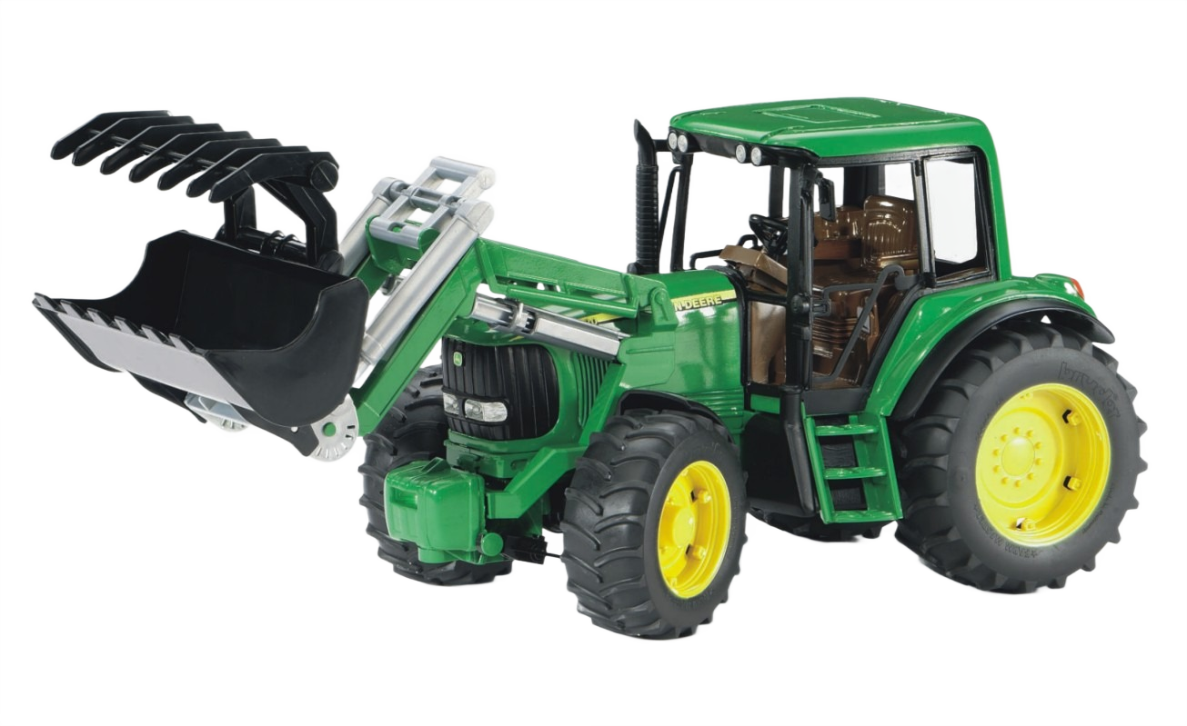 Green and yellow tractor toy with open cabin and detailed frontloader bucket for realistic farming play or display use