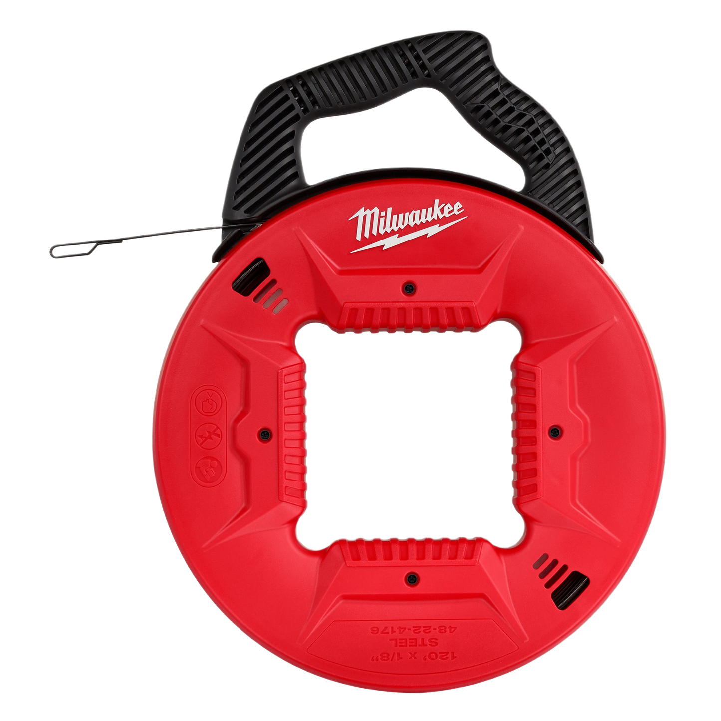 Red and black steel fish tape reel with ergonomic handle designed for electrical wire pulling in home improvement tasks