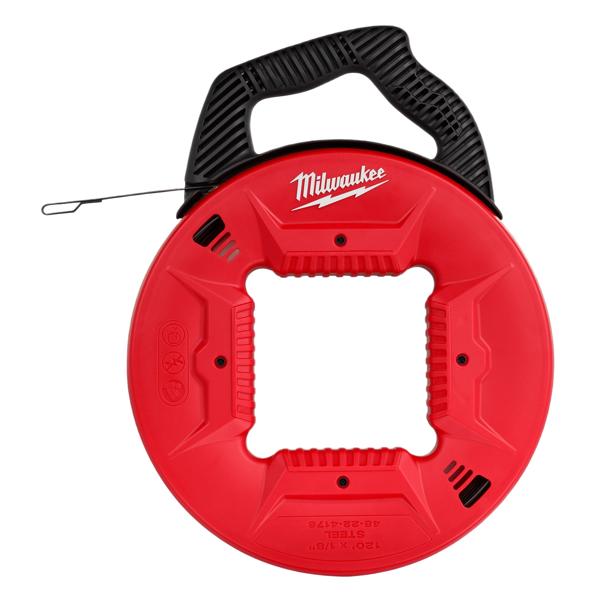Red and black steel fish tape reel with ergonomic handle designed for electrical wire pulling in home improvement tasks