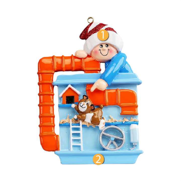 Playful figurine pointing at hamster inside colorful cage for Christmas Ornaments & Tree Decorations under $50 collection