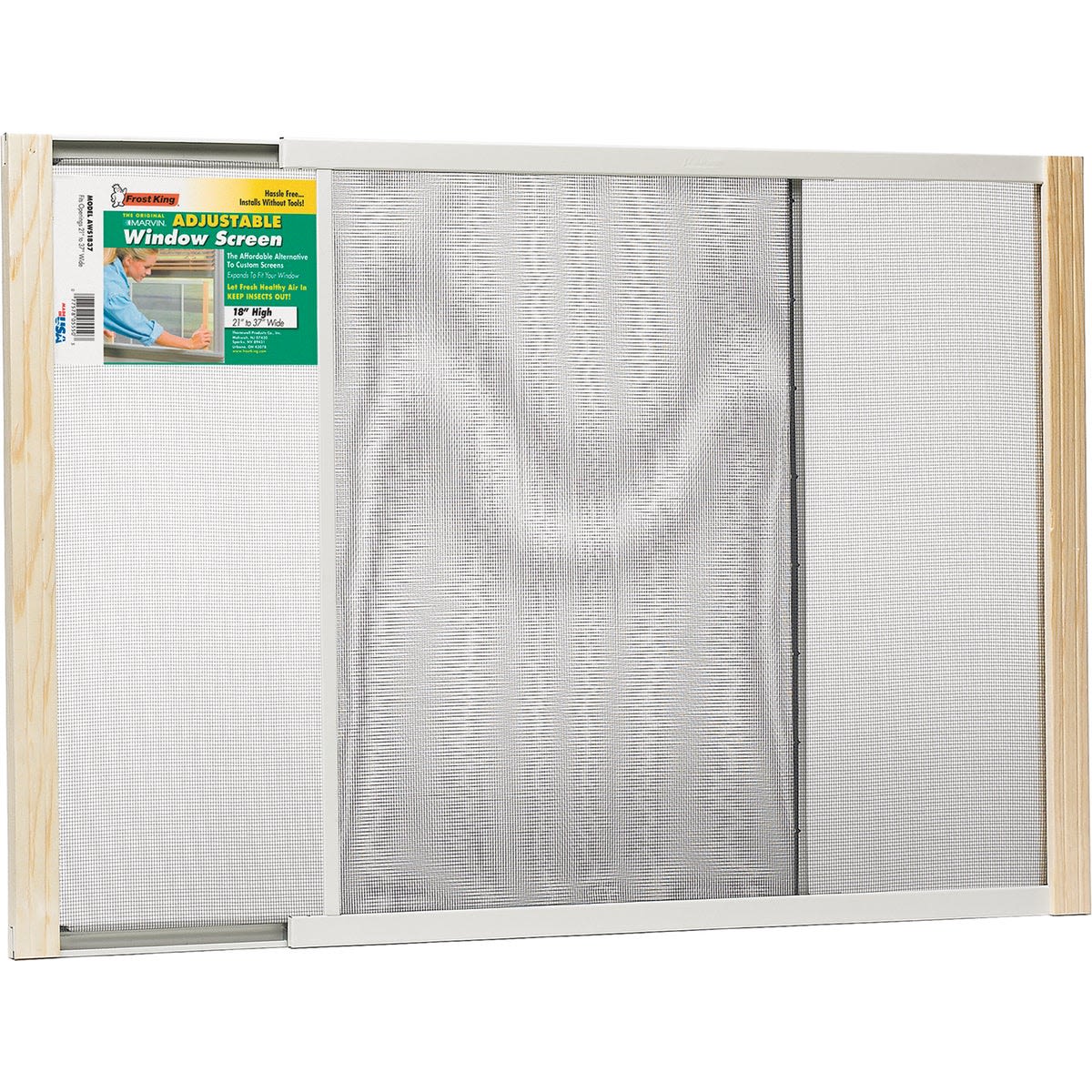 Adjustable metal frame window screen with fiberglass mesh and natural wood side rails for home improvement projects