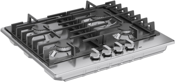 Stainless steel gas cooktop with four high-efficiency burners and heavy-duty porcelain enamel cast iron grates in kitchen appliances collection