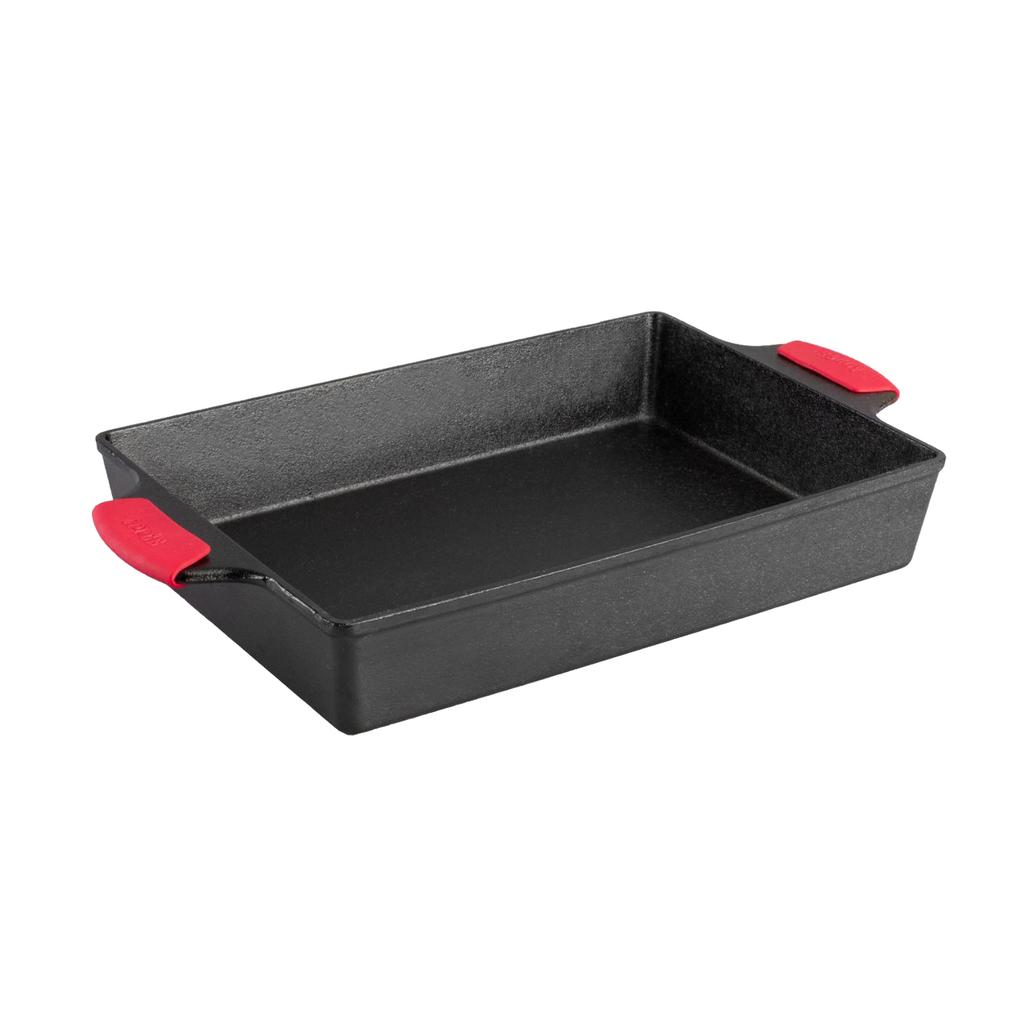Black cast iron rectangular casserole pan with red silicone handle covers in Lodge Cast Iron and Kitchenware collections