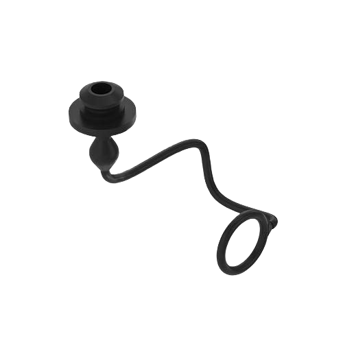 Black flexible coupler dust plug with looped handle for protecting tractor or equipment connectors during home improvement tasks