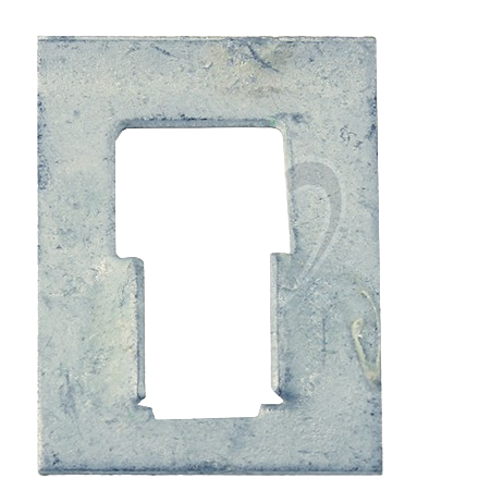 Rectangular metal nut plate with a central square-shaped cutout for hardware assembly and repair tasks