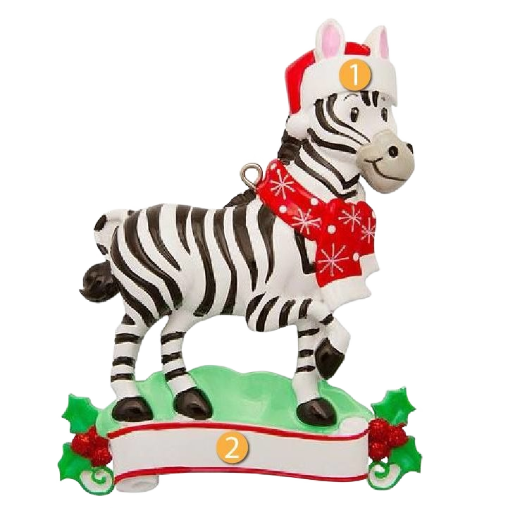Zebra figurine ornament wearing Santa hat and red scarf on green holly base for Christmas decorations under $50 collection
