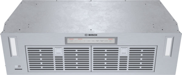 Stainless steel custom insert range hood in Bosch collection for kitchen ventilation and air cleaning.