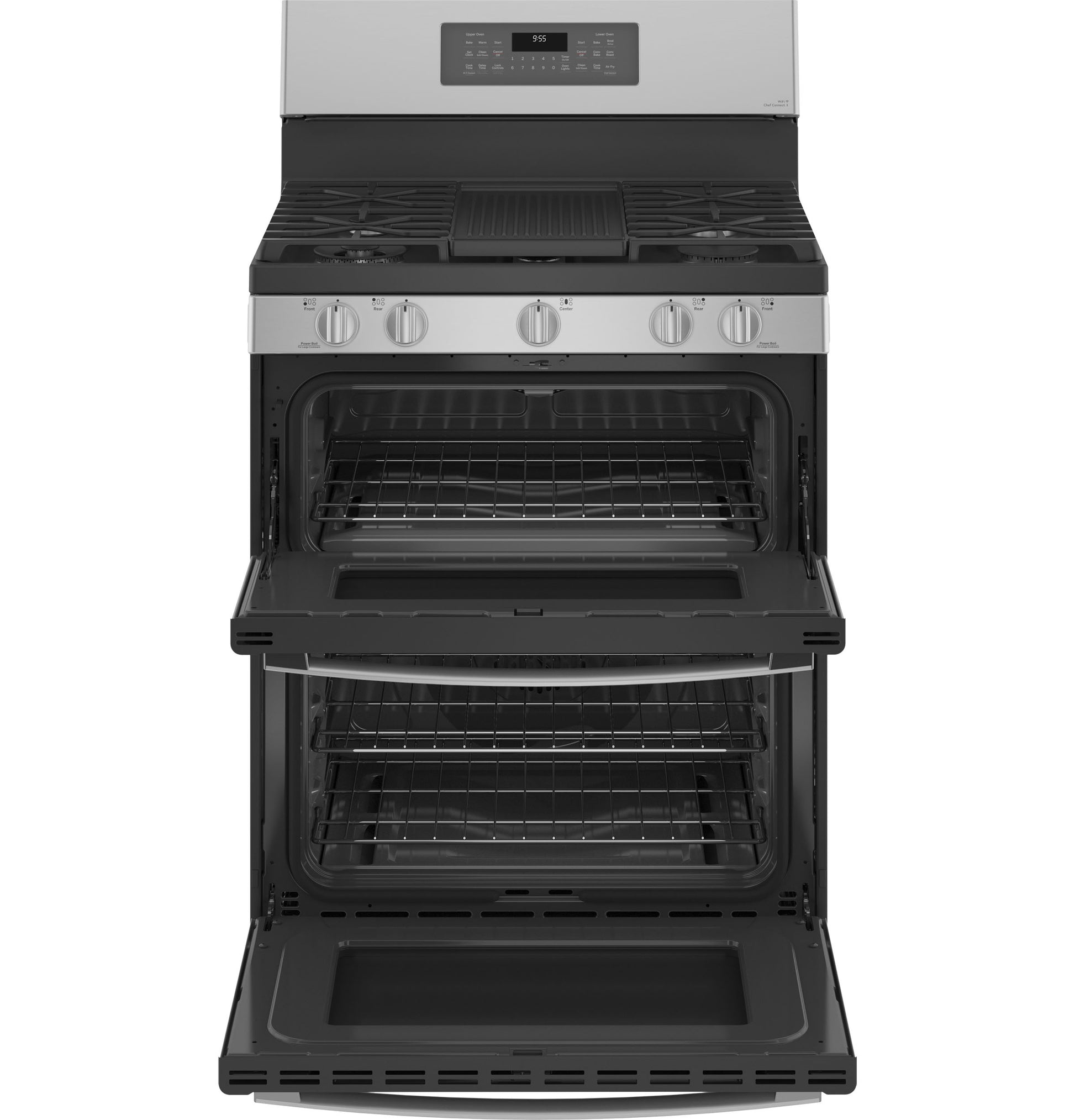 Free-standing gas range with double oven convection and fingerprint resistant stainless steel finish from kitchen appliances collection