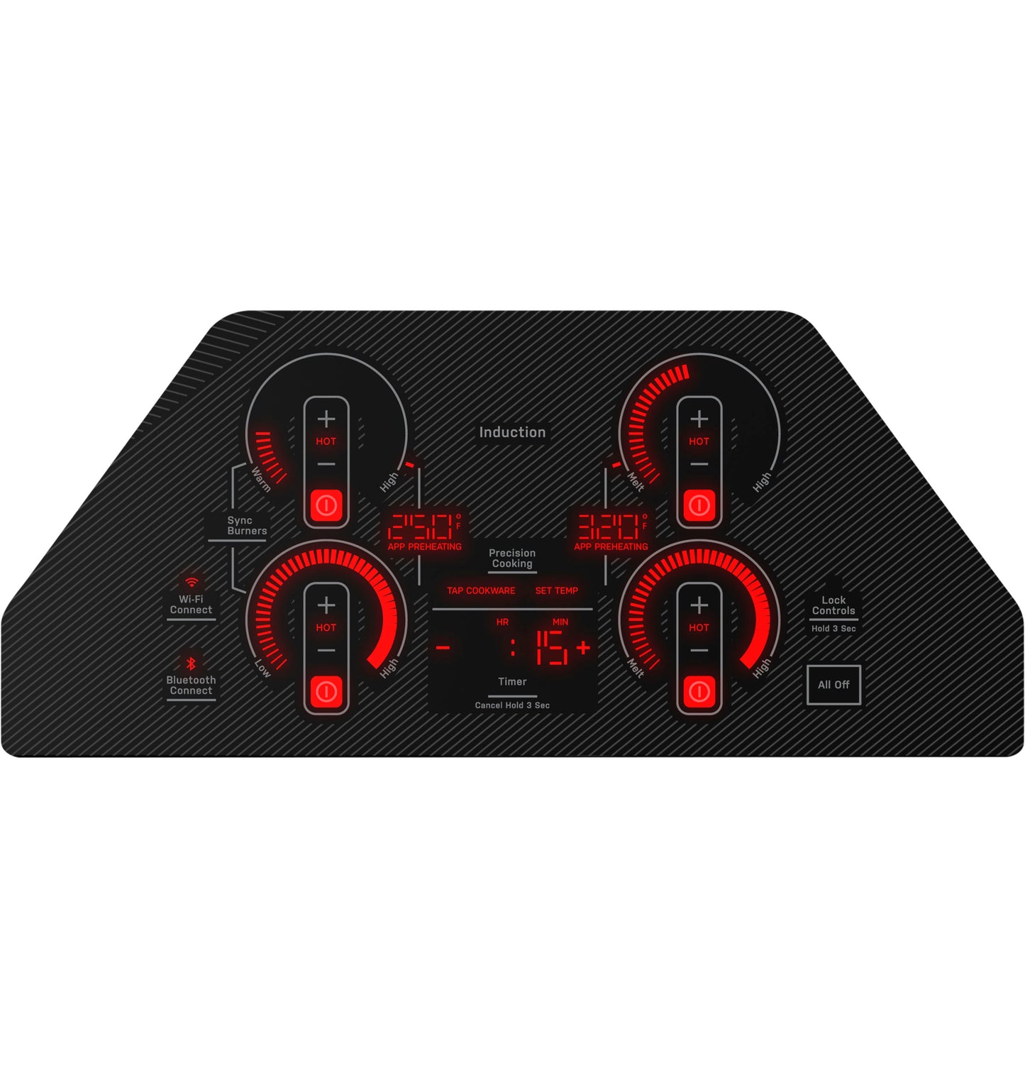 Black touch control induction cooktop with four heating zones and digital displays for precision cooking in kitchen appliances collection