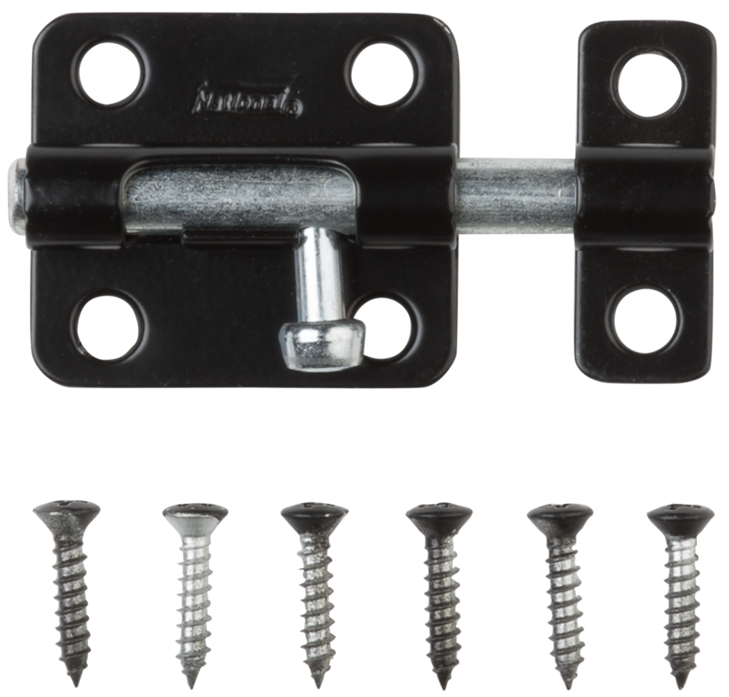 Black steel door barrel bolt with sliding lock and screws for security on lightweight doors and cabinets under $50 collection