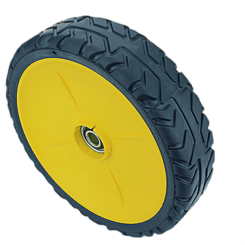 Yellow plastic wheel with black treaded rubber tire and metal bearing for outdoor equipment use in tools and home improvement