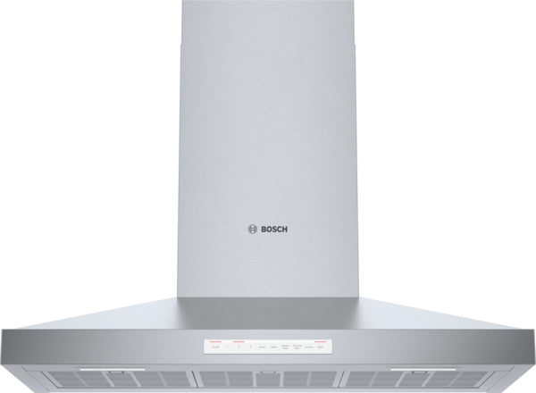 Stainless steel wall-mounted range hood with LED lighting and touch controls from Bosch kitchen appliances collection