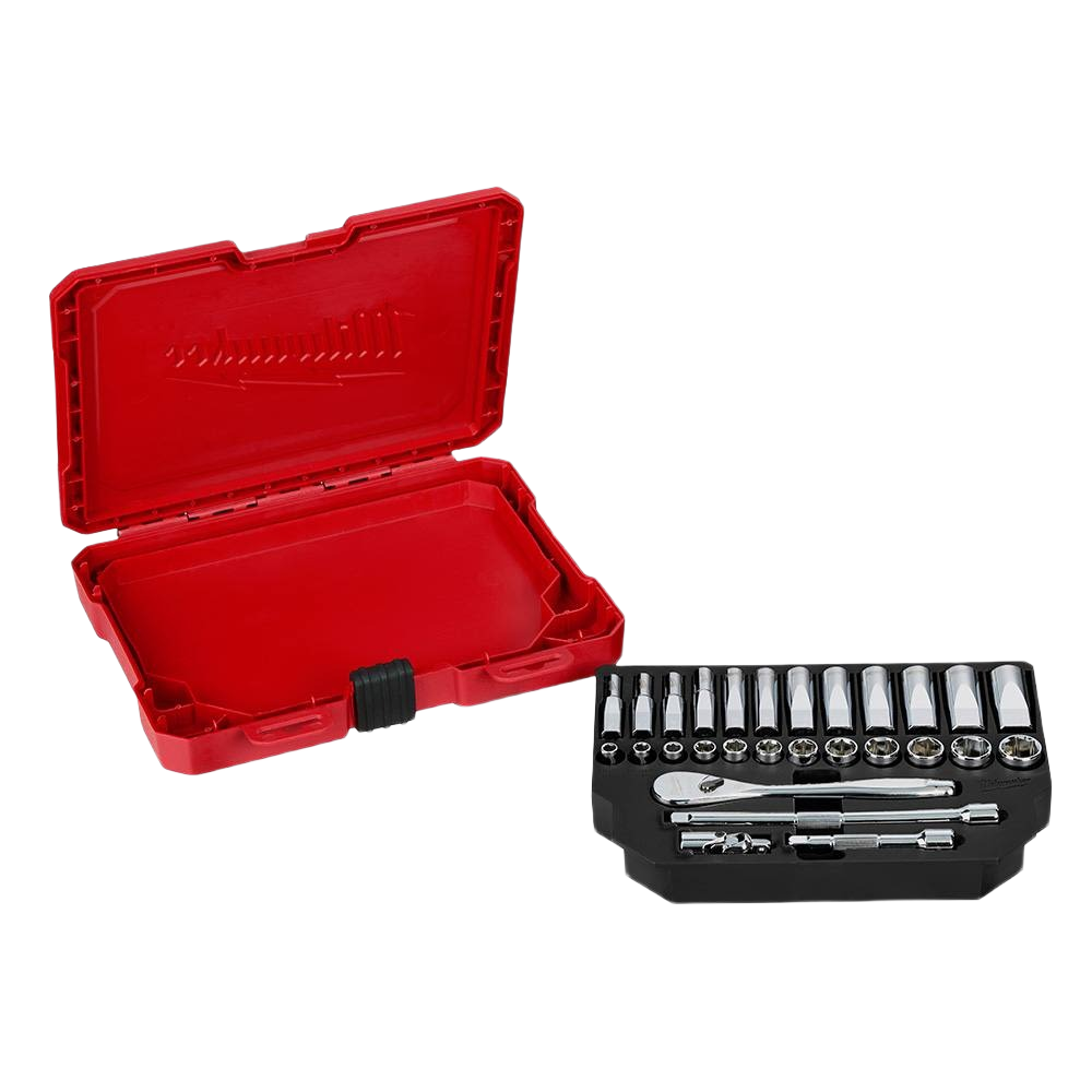 Chrome socket and ratchet tool set with red storage case for home improvement and woodworking hand tools collection