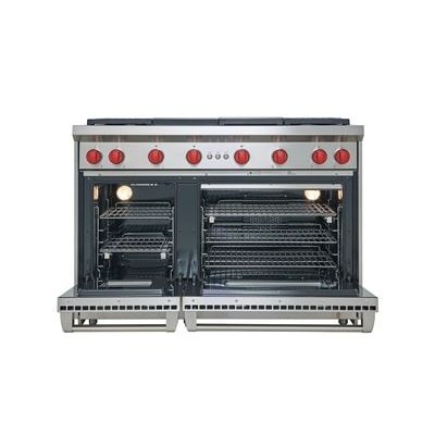 Professional-grade gas range with six red control knobs and dual ovens in stainless steel for kitchen appliances and home improvement