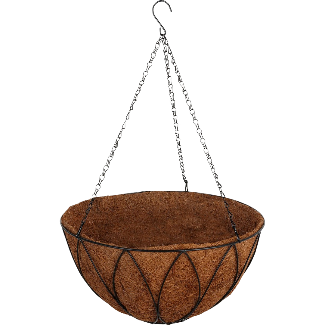 Black powder-coated steel hanging basket with molded coco liner and chain hanger for outdoor living and garden use