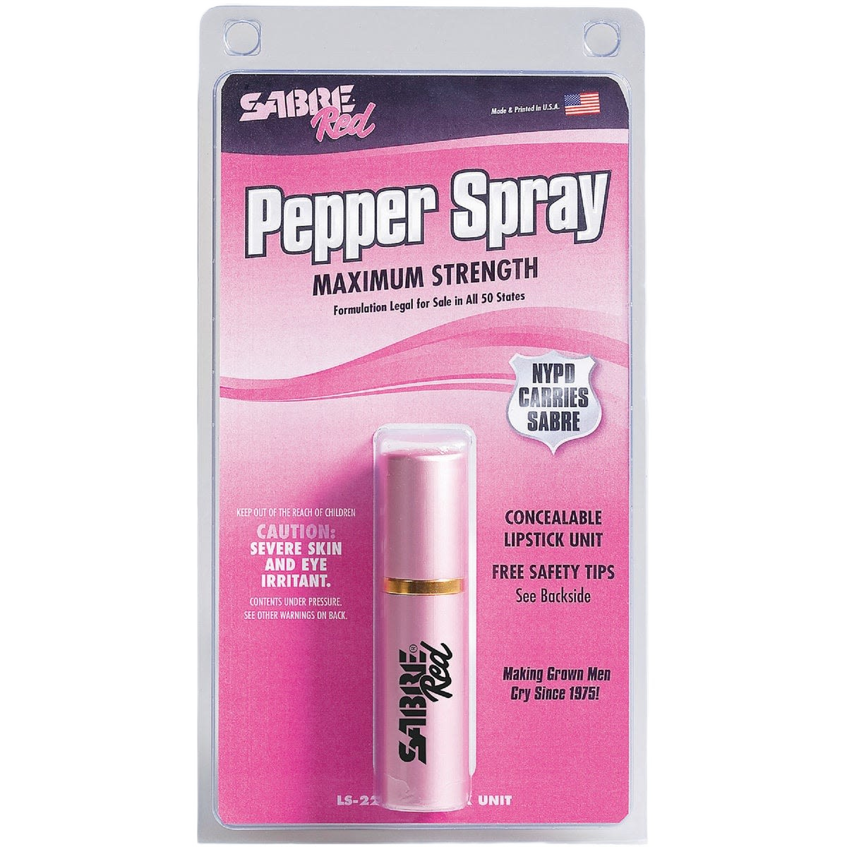 Pink compact pepper spray disguised as lipstick in clear plastic protective packaging for personal safety use