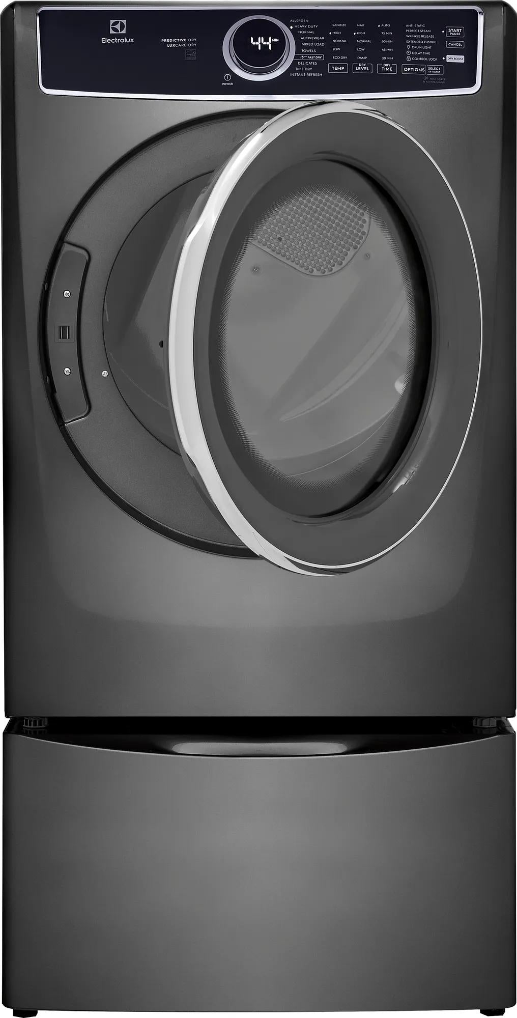 Dark gray front load electric dryer with digital control panel and large round door from Dryers collection at Hartville Hardware