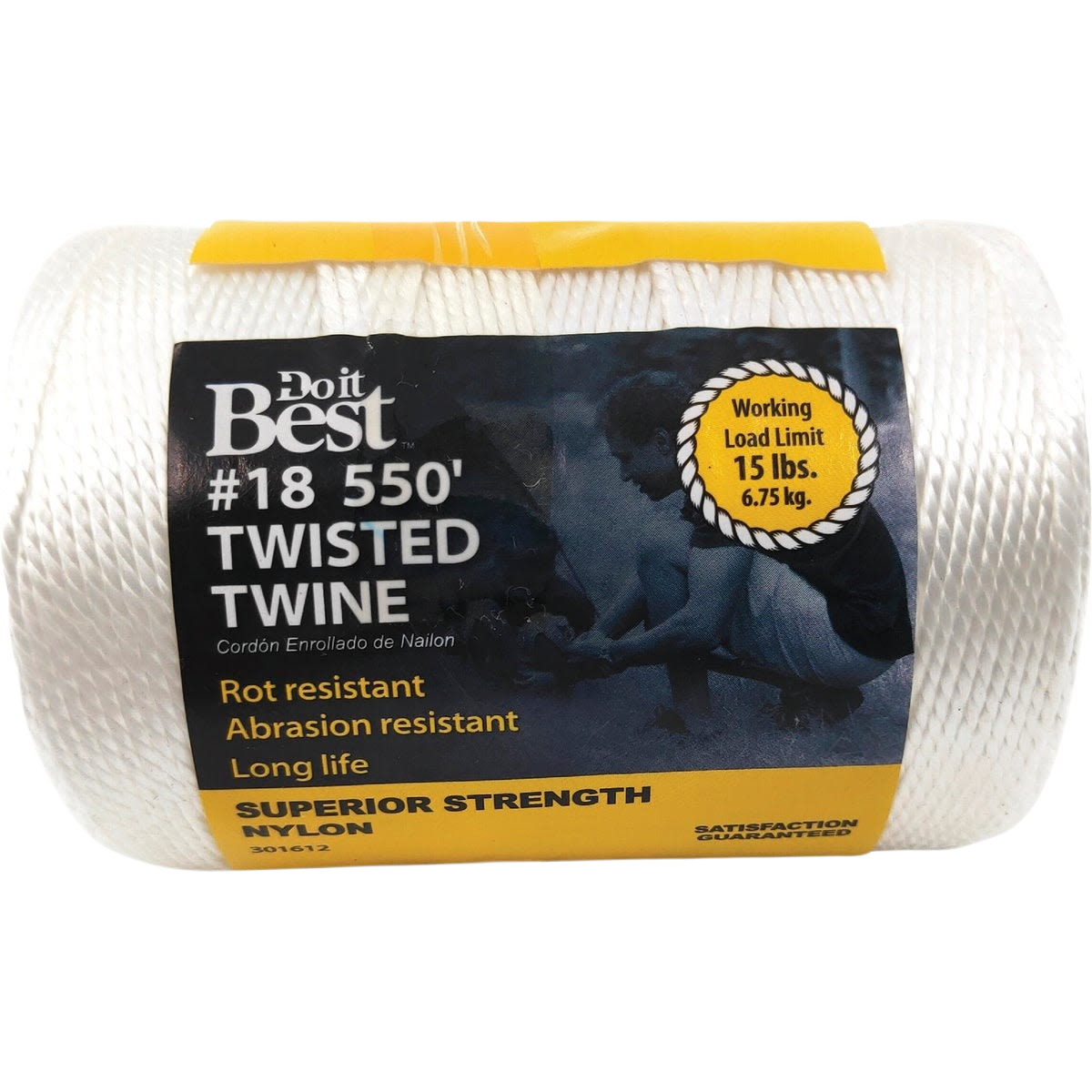 White nylon twisted twine spool with 550 feet length, rot and abrasion resistant for tools and home improvement use