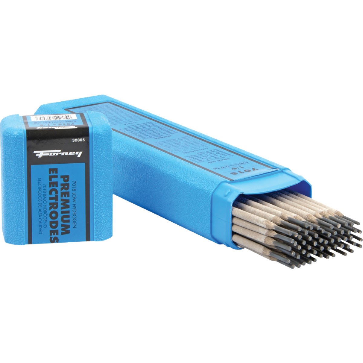 Blue plastic container holding mild steel welding electrodes for tools and home improvement use