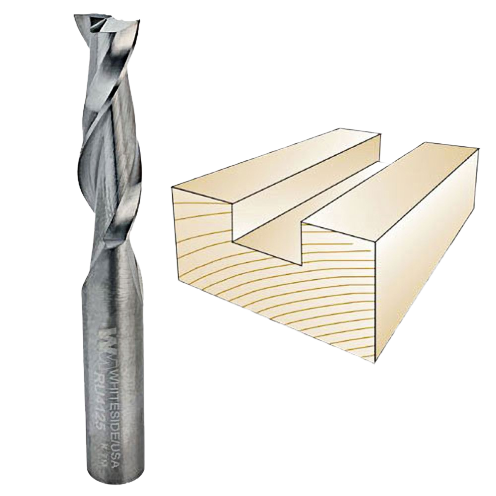 Spiral upcut woodworking bit and diagram of groove cut in wood, tool accessory for home improvement projects