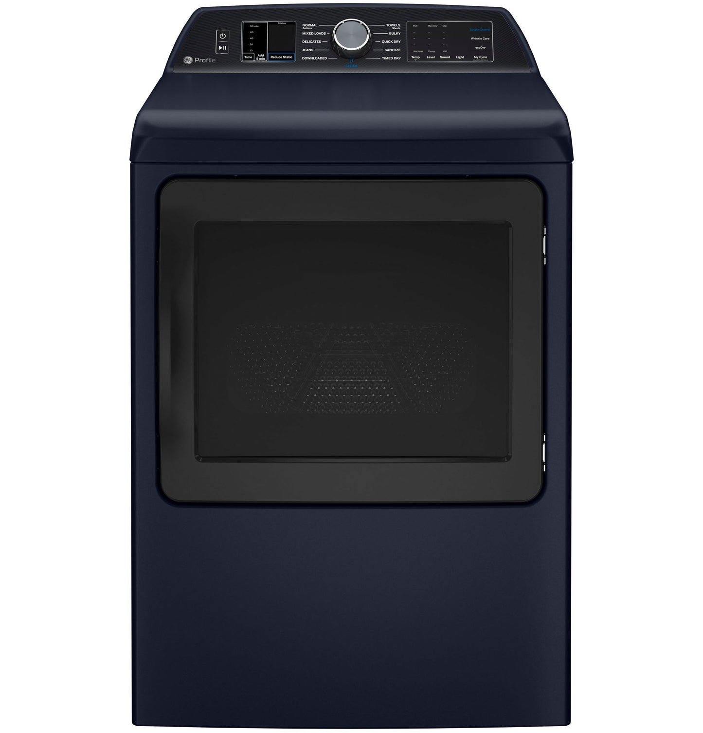 Front view of navy blue smart gas dryer with digital control panel and large window door in Dryers and Appliances collections
