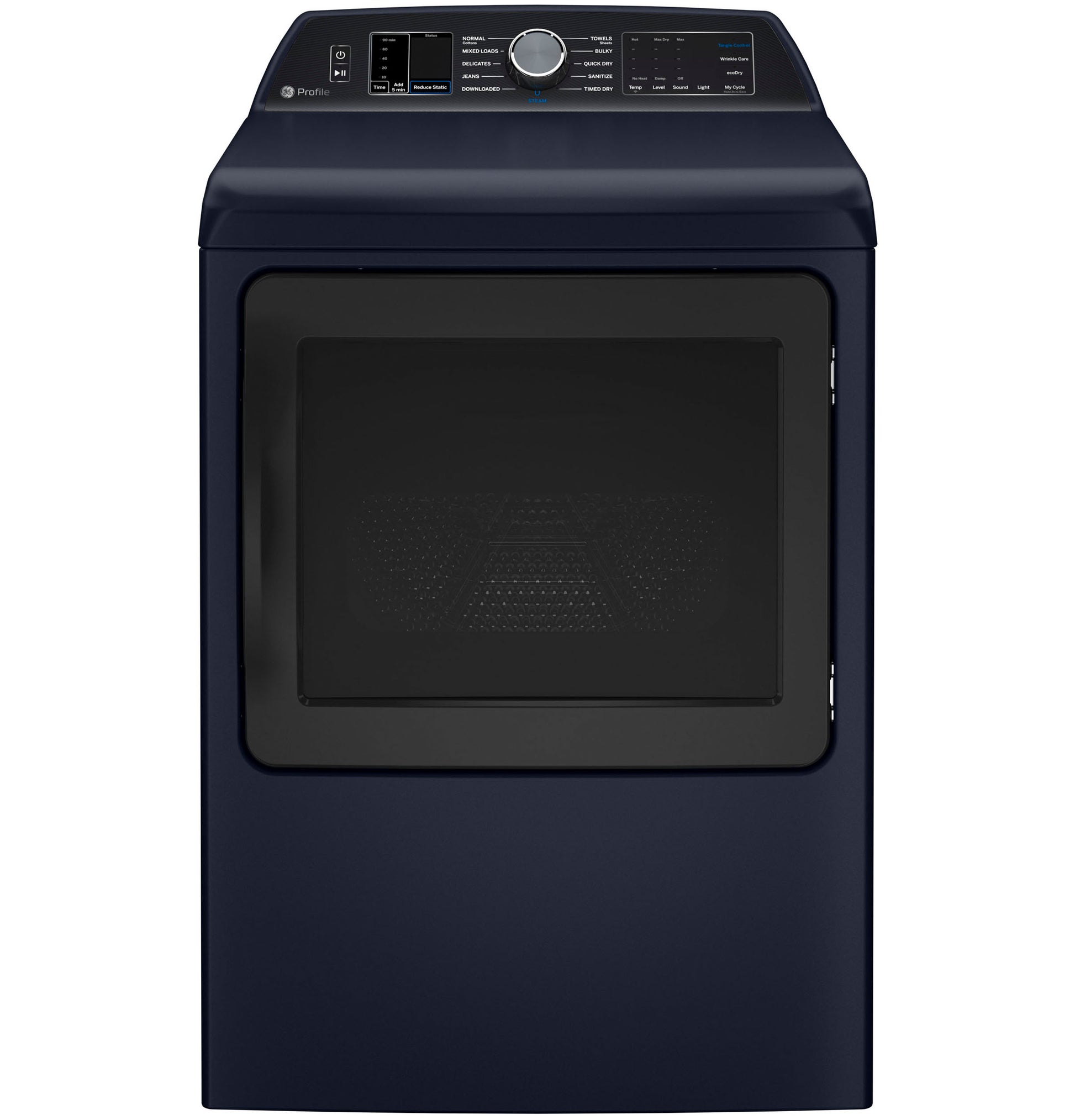 Front view of navy blue smart gas dryer with digital control panel and large window door in Dryers and Appliances collections