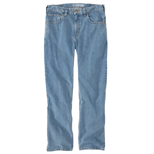 Light blue cotton denim jeans for men with relaxed fit and classic five-pocket design from Carhartt bottoms collection
