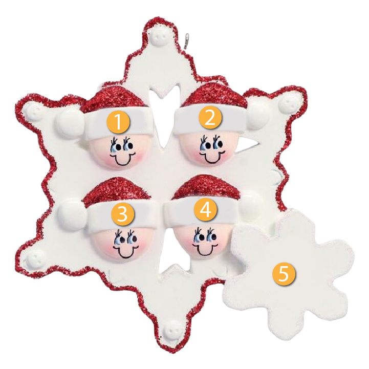 Glittery snowflake ornament featuring a family of four wearing matching red Santa hats holiday décor under 50 dollars