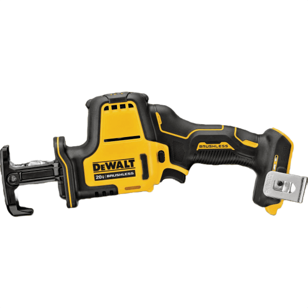 Yellow and black cordless one-handed reciprocating saw with brushless motor for tools and home improvement tasks